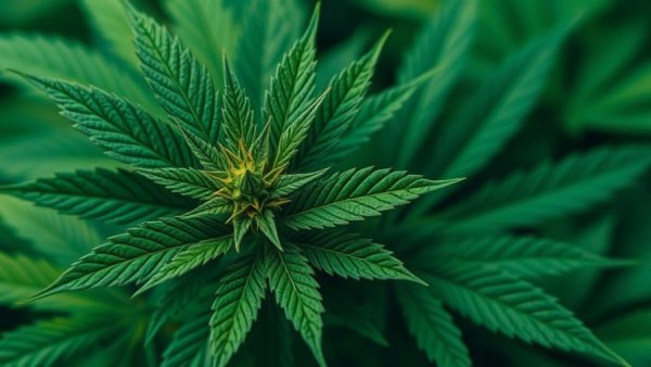 Close-up of cannabis leaves with a natural background.