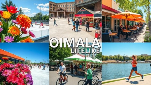 Omaha events and attractions collage: gardens, hockey, market, lake.