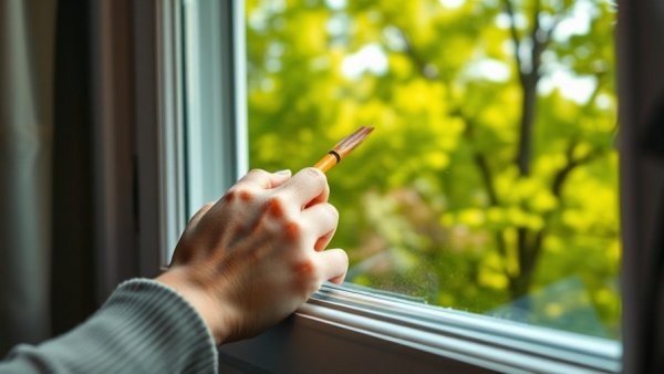 Hand painting a windowsill in a cozy room for home office decor.