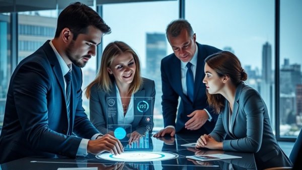 AI impact on software valuations: business team using holographic display.