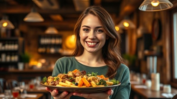 Smiling woman serving food at San Antonio restaurant.