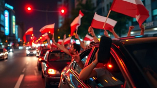 San Antonio Spurs fan celebrations with cars and flags on a busy street at night.