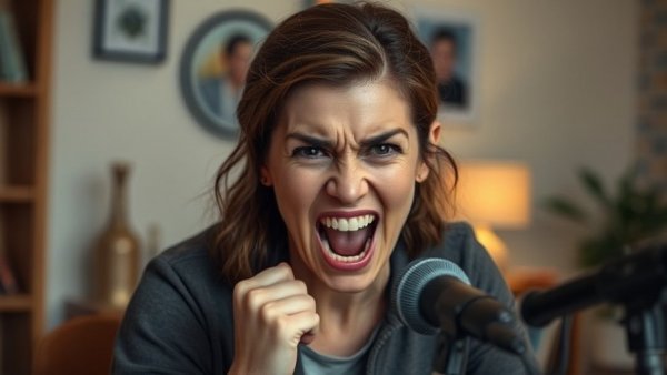 Frustrated woman in front of microphone discussing toddler behavior tips.
