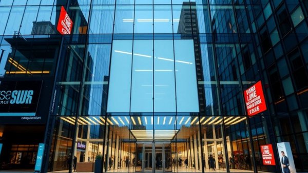 Corporate building entrance with company logo in urban setting