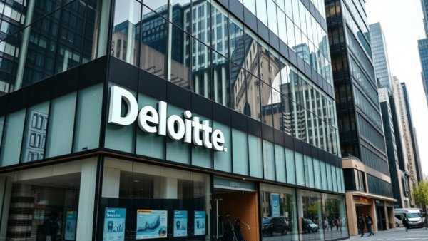 Corporate office building facade, Deloitte branding, employee benefits cuts context.