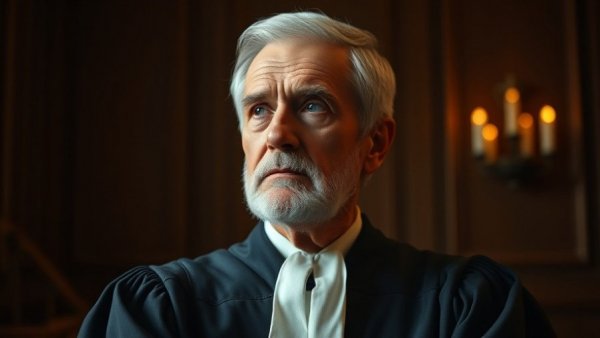 Contemplative judicial figure in robe, highlighting accountability.