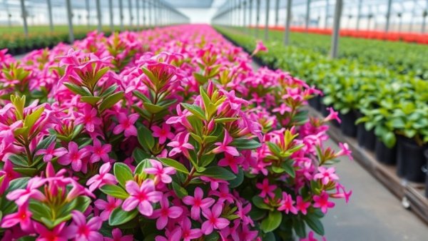 Bright pink annual plants for sun shade in a greenhouse setting.