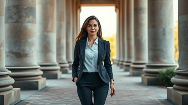 Confident young woman in business attire walking, highlighting AI-proof majors