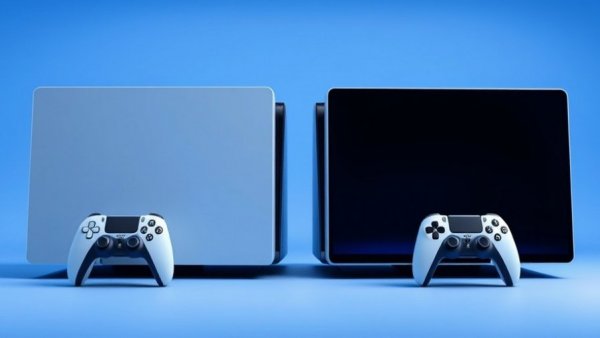 Sleek PS5 Pro vs PS5 consoles comparison on blue background.
