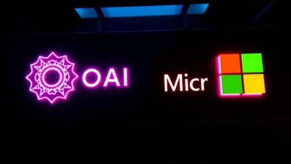 Glowing OpenAI and Microsoft logos with vibrant contrast