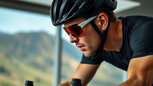 Focused cyclist training indoors with a scenic backdrop.