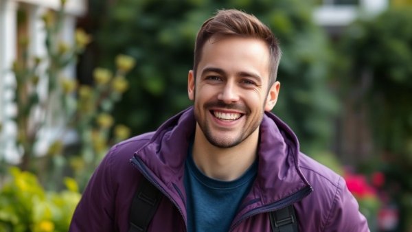 Man smiling outdoors in purple jacket, optical computing for AI.