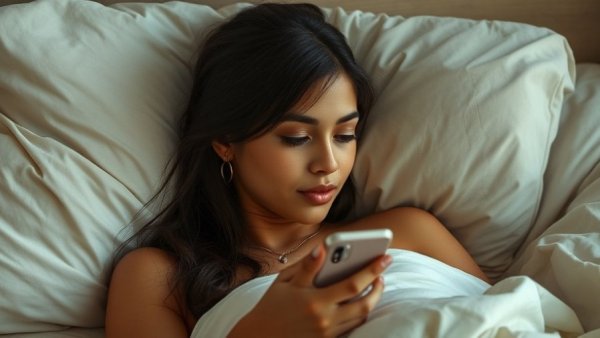 Contemplative woman in bed, engaging with her phone.