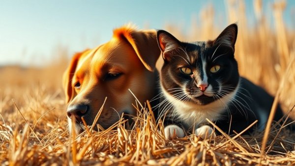 Dog and cat resting together in a sunlit grassy field, symbolizing unlikely friendship in a children's story.