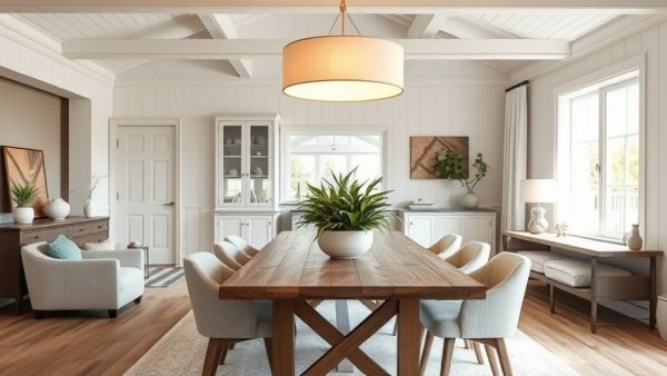 Elegant coastal carriage house interior with modern furniture and decor.