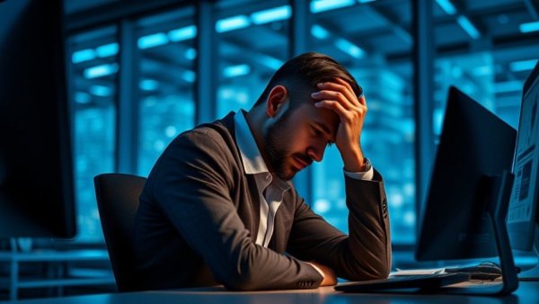 Tired businessman in a dimly lit office, future of work automation.