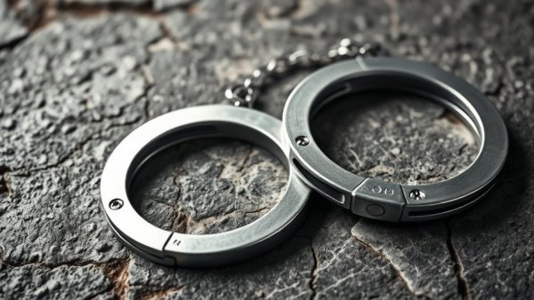 Metal handcuffs on textured surface signifying arrest scene