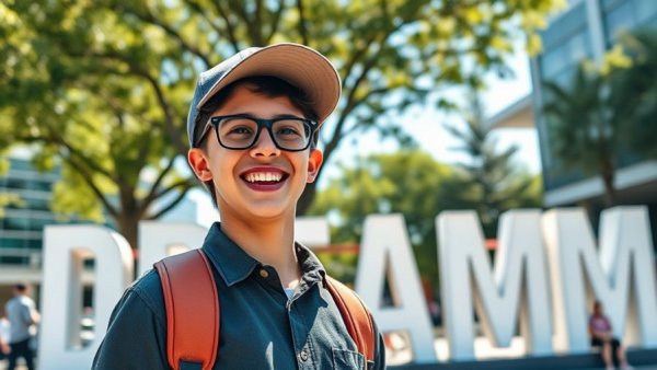 Cheerful event attendee at 'DREAME' sign, vibrant outdoor setting