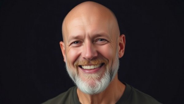 Portrait of a smiling man in dark background, AI transparency in investment.