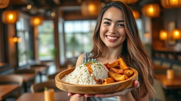 Smiling woman holding dish at San Antonio Food Bank Restaurant Weeks.