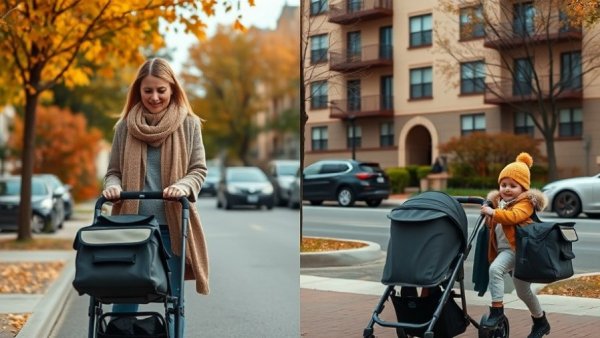 Comparison of Mockingbird vs UPPAbaby Vista strollers outdoors in fall setting.