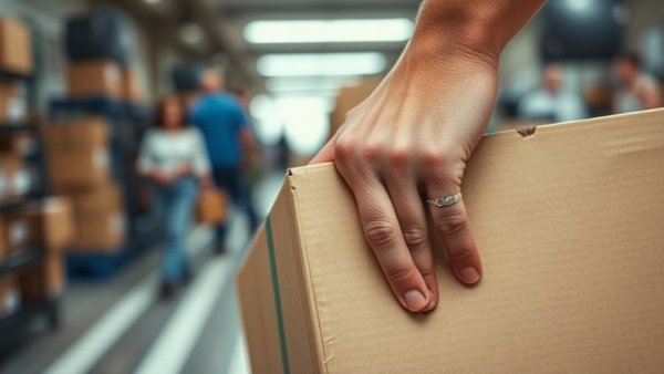 JK Moving Review: Person holding a moving box, blurred movers in background.