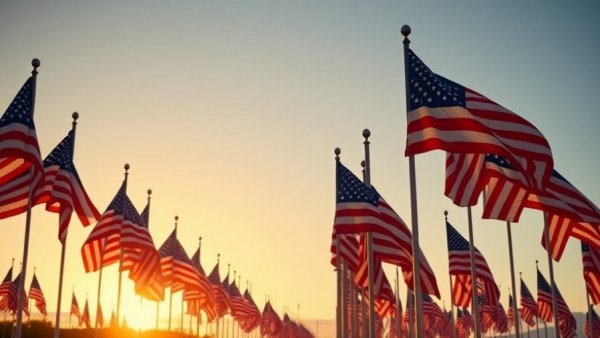 American flags waving at sunset, perfect for Memorial Day weekend in Omaha 2026.
