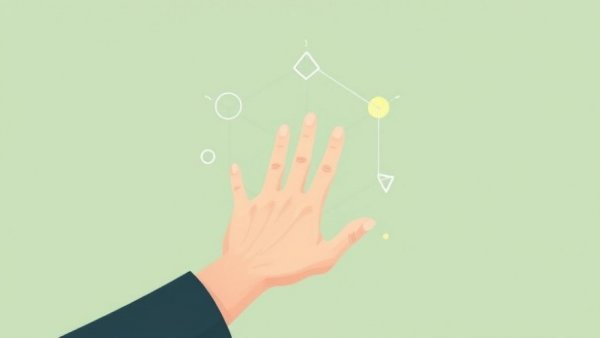 Abstract hand interacting with geometric shapes on pastel background, AI for creative work.