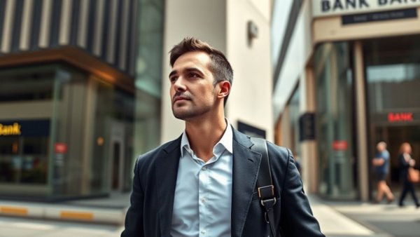 Casual businessman walking past bank on a sunny urban sidewalk.