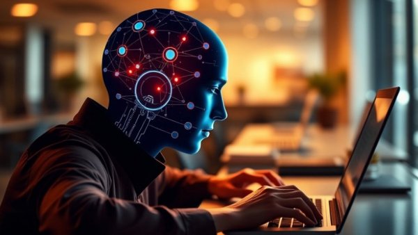 AI-enhanced digital head interacting with a person typing, illustrating the AI productivity paradox.