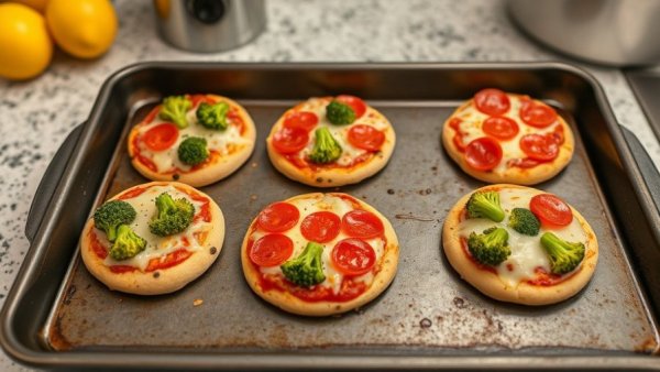 Homemade mini pizzas on a baking tray for healthy family meals.