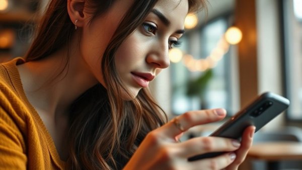 AI in recruiting: Close-up of woman using digital assistant on smartphone in cafe.