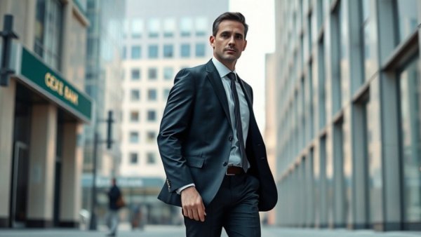 Professional man walking past a bank, symbolizing workplace dynamics.