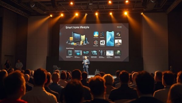 Smart home devices showcased at tech conference presentation.