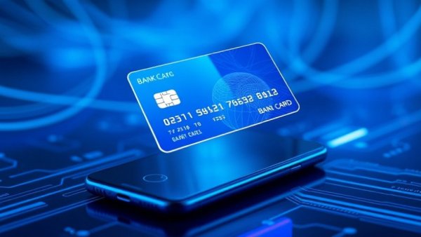 Holographic bank card above smartphone in digital wallet.