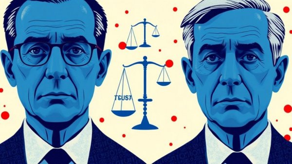 Abstract collage with blue-toned portraits, legal motifs, red dots.