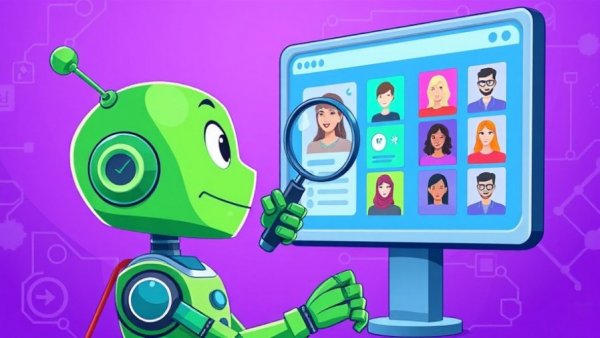 AI robot analyzing resumes with magnifying glass, best AI sourcing tools 2026.