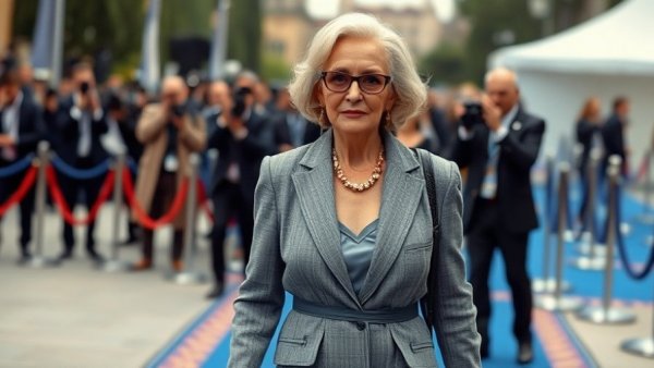 Stylish woman walking confidently at fashion event, paparazzi capturing.