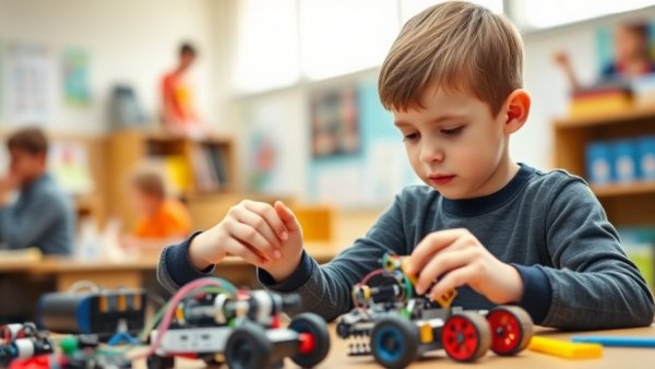 Omaha STEM summer camps: Focused child engaging in robotics project in classroom.