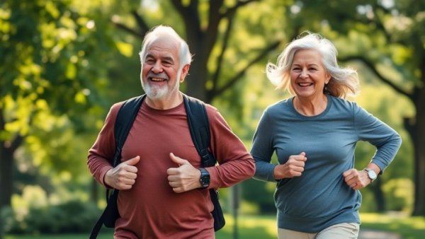 Elderly couple jogging energetically in a sunny park.
