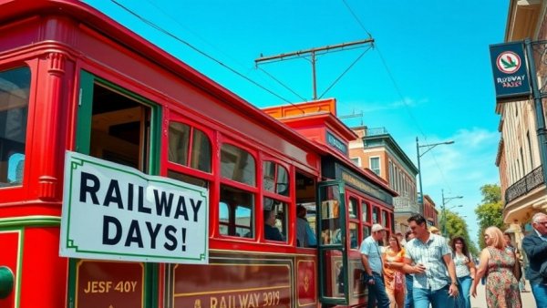 Vintage trolley at Railroad Days Council Bluffs with event sign.