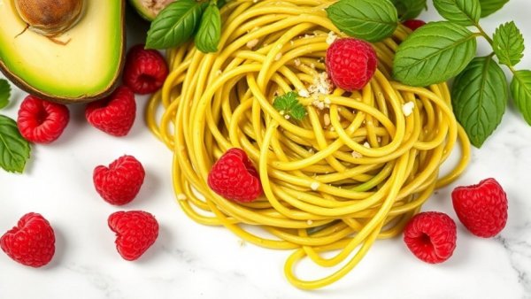 Healthy family meals with avocado pasta and raspberries.