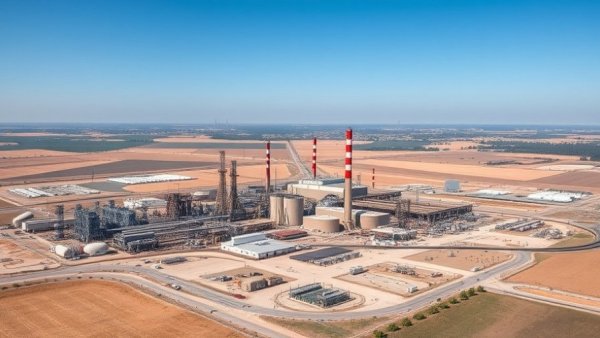 Expansive industrial complex with infrastructure in rural landscape.
