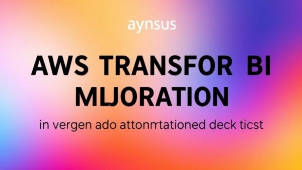 AWS Transform automates BI migration announcement on a colorful gradient background.
