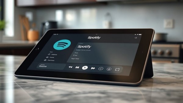 Smart home device tablet playing Spotify in the kitchen.
