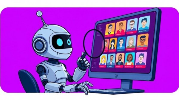 Illustration of AI sourcing tools with a robot analyzing candidate profiles on screen.