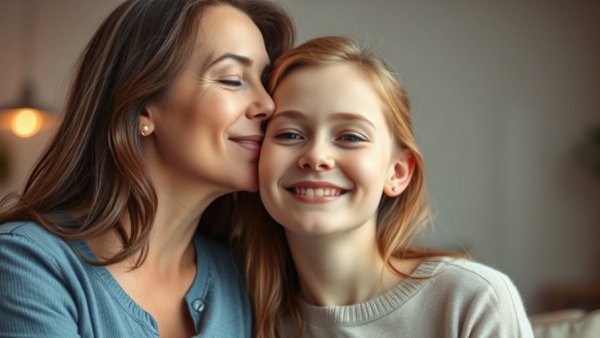Mother and teenage daughter sharing affectionate moment, teenage communication