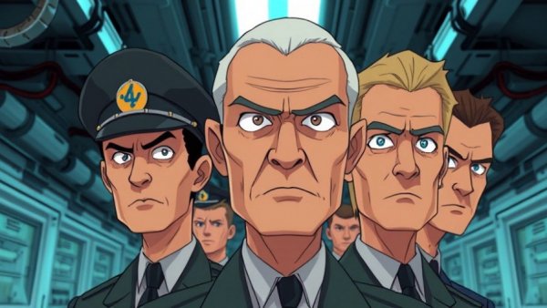 Cartoon military officials in a high-tech setting, invincible military-government complex portrayal.