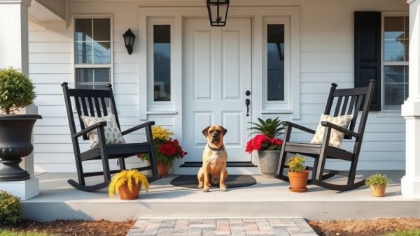 Charming front porch entrance with plants and a dog for remote workers.