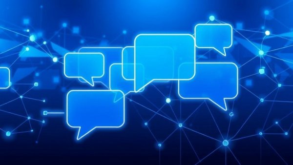 Digital illustration depicting AI speech-to-speech technology with speech bubbles and network connections, representing real-time advancements.